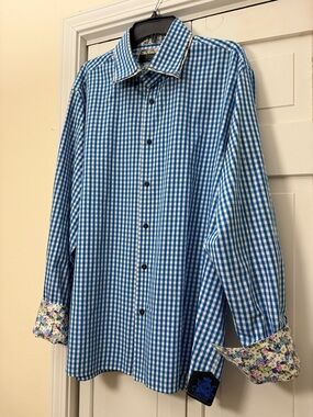 Coogi Luxe Mens Blue White Checkered Long Sleeve Button-Up Flip cuff Shirt 3XL